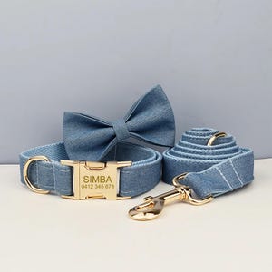 Personalisierte Gravur Handmade Jeans Hundehalsband oder Hundehalsband und Leine Set, Fliege