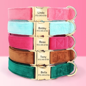 Dog Collar Personalized with Name, Thick Velvet Dog Collar For Boy and Girl, Dust Pink, Hot Pink, Green, Blue and Brown