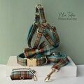 Green Tartan Dog Collar or Leash Set, Personalised Step-In Boy Dog Harness, custom Blue Plaid Collar with Removable Bowtie in Various Combo product logo