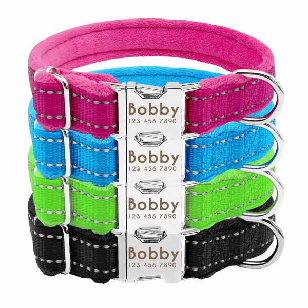 Personalized Engraved Nylon Reflective Fur Padded Custom Dog Collar or Dog Collar and Leash