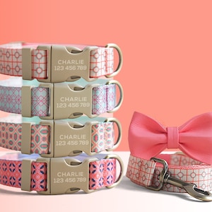 Personalisiertes Rotes Geometrisches Leichtes Hundehalsband, personalisiertes Premium Hundehalsband oder Hundehalsband und Leine Set mit passender Fliege