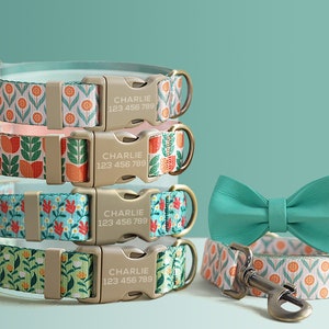 Green Floral Lightweight Dog Collar, Premium Dog Collar or Dog Collar and Leash Set with Matching Bowtie *Detachable