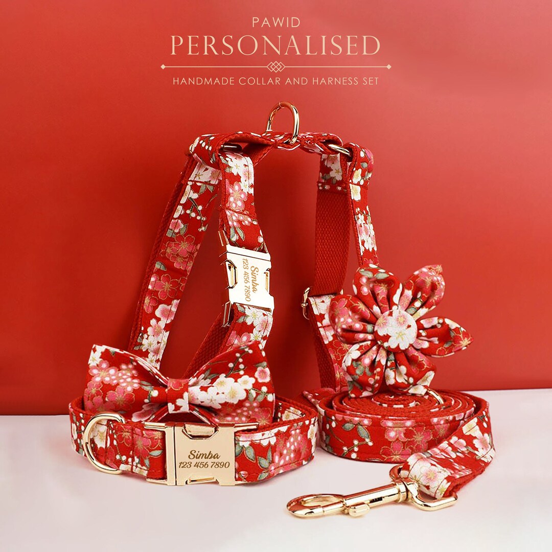 Girl Dog Collar Accessories Featuring Japanese Red Floral Hstyle Harness, Lead, Flower, Bowtie