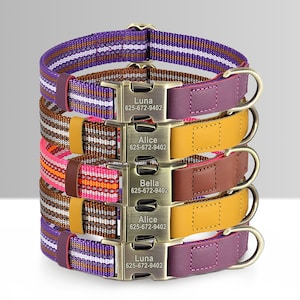 Personalized Dog Collar PU Leather Nylon in Brown, Pink, Purple and Colorful Stripes and Durable Design, Reflective Dog Collar