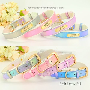 Personalized PU Rainbow Leather Dog Collar, Custom Grey, Pink, Purple, Blue Soft Dog Collar