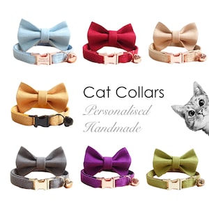 Cat Collar with Bell and Bow, Think Velvet Custom Pet ID Collar in Beige, Red, Light Blue, Yellow, Gray, Purple, Green, Small Dog Collar
