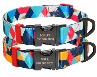Personalised Laser Engraved Colourful Diamond Pattern Nylon Dog Collar, Matching Leash available