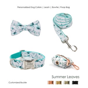 Personalized Engraved Handmade Summer Leaves Custom Dog Collar or Dog Collar and Lead Set Poop Bag