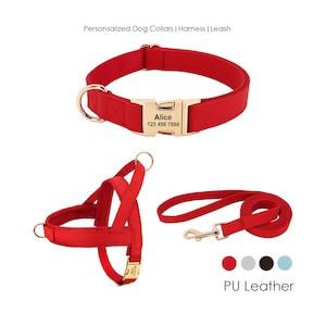 Personalized Engraved Handmade PU Leather Dog Collar, Leash, Harness featuring a Nylon Inner Webbing and Metal Buckle