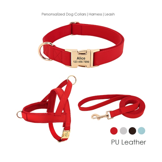 Personalized Engraved Handmade PU Leather Dog Collar, Leash