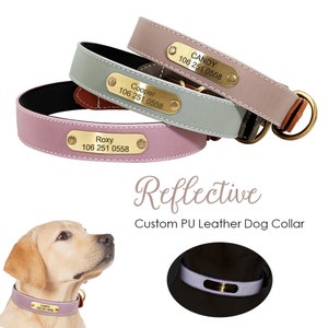 Personalized Reflective Engraved Dog Collar Faux Leather with Vintage Metal Fixings and Custom Name Plate