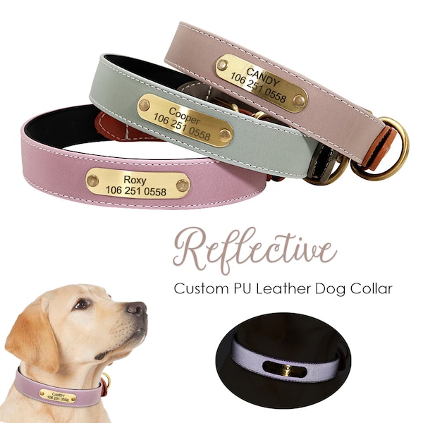 Personalized Reflective Engraved Dog Collar Faux Leather with Vintage Metal Fixings and Custom Name Plate