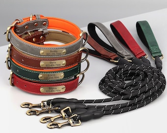 Personalized Engraved PU Leather Dog Collar Soft Padded Dog Collar with name plate, Matching Reflective Durable Rope Leash Available