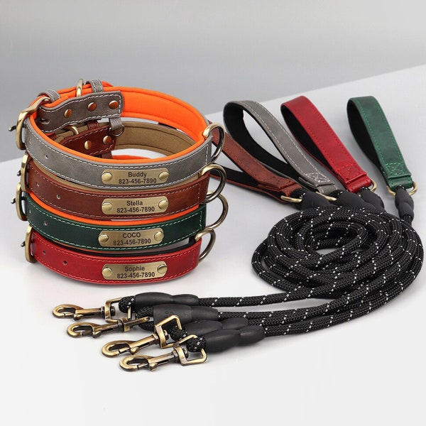 Personalized Engraved PU Leather Dog Collar Soft Padded Dog Collar with name plate, Matching Reflective Durable Rope Leash Available