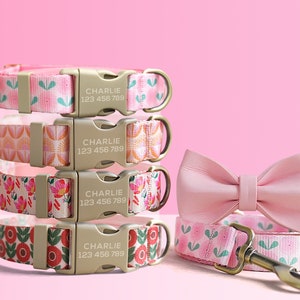 Pink Floral Lightweight Dog Collar, Personalized Premium Dog Collar or Dog Collar and Leash Set with Matching Bowtie *Detachable