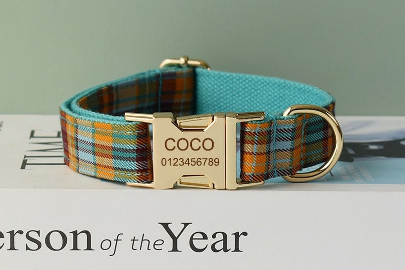 Custom Tartan Personalized Dog Collar, Matching Dog Bowtie, Dog Leash, H-Style Dog Harness, Different Combo, Blue Plaid Dog Collar image 4