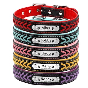 Personalized pu leather dog collar, laser engraved with name, hand braided colourful dog collar