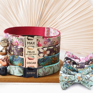 Floral Cat Collar with Bell and Removable Bow, Custom Small Dog Collar with Name, Engraved Handmade Kitten Collar, Different Combos