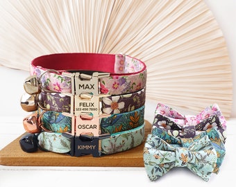 Personalized Cat Collar Name Engraved Handmade Floral Cat Collar / Detachable Bowtie with Bell, different combos available, Small Dog, Puppy
