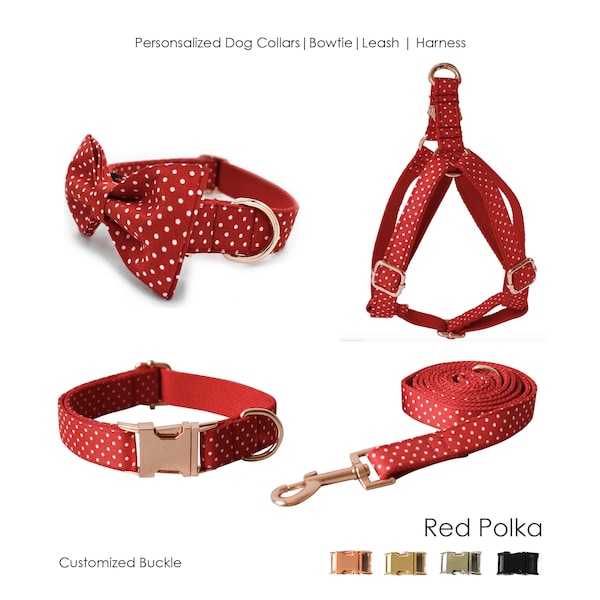 Collier de chien à pois rouges gravé à la main ou collier de chien et ensemble de laisse, nœud papillon et harnais assortis disponibles