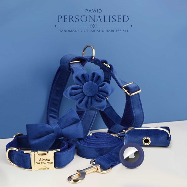 Navy Blue Dog Collar, Personalized with Name, Custom Velvet H Harness, Bowtie, Flower, Leash Set, Poop Bag Holder, Different Combo