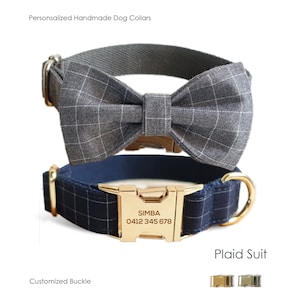 Personalized Engraved Handmade BLUE GREY PLAID Boy Dog Collar or Dog Collar and Lead Set, Bowtie Available