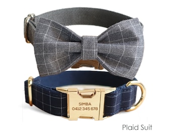 Personalized Engraved Handmade BLUE GREY PLAID Boy Dog Collar or Dog Collar and Lead Set, Bowtie Available