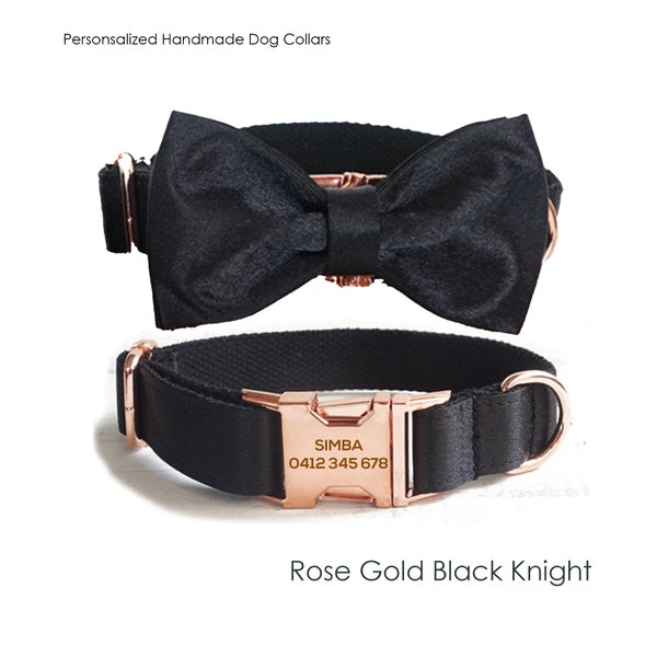 Black Dog Collar Personalized Rose Gold Engraved Buckle with Custom Dog Name ID