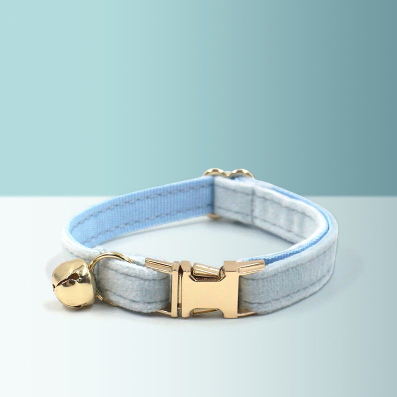 Cat Collar with Bell, Small Dog Collar in Turquoise Blue Green, Velvet Personalized ID Pet Collar, Bow Tie, Air Tag Holder, Different Combo QR | Light Blue