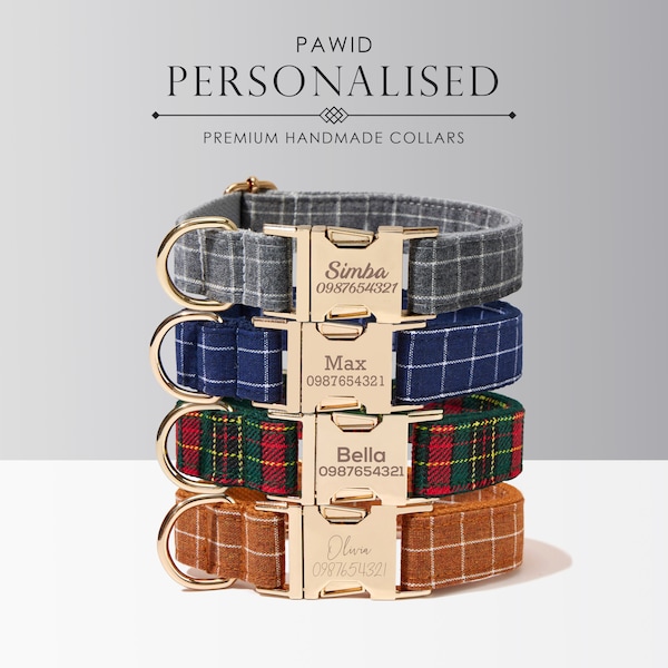 Kariertes Hundehalsband, personalisierte Marke, Kariertes Tartan Hundehalsband und Leine oder Schleife, Halsband für Rüden, Namen auf dem Hundehalsband, Jungenhalsband