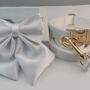 Silky White Wedding Dog Collar, Leash, Sailor Bowtie