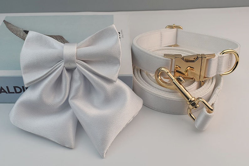 Silky White Wedding Dog Collar, Leash, Sailor Bowtie
