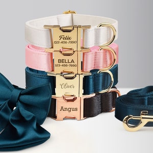 Wedding Dog Collar - Personalized with Name - Luxurious Silky White, Pink, Emerald Green or Black Collar, w/ Detachable Sailor Bowtie