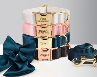 Wedding Dog Collar - Personalized with Name - Luxurious Silky White, Pink, Emerald Green or Black Collar, w/ Detachable Sailor Bowtie