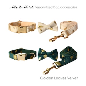 Personalized Handmade Velvet Golden Leaves White Green Dog Collar, Matching Removable Bowtie, Leash and Harness (mix&match available)