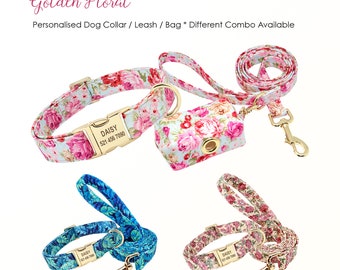 Personalized Dog Collar Engraved Floral Girl Boy Dog Collar, Leash, Poop Bag, Different Combo Available * Personalized Pet Gift