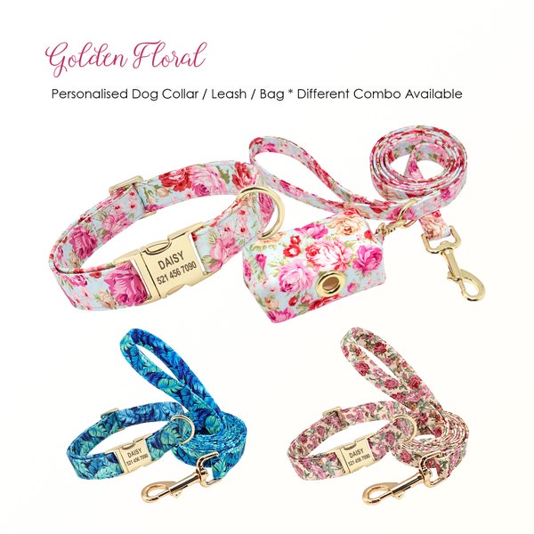 Personalized Dog Collar Engraved Floral Girl Boy Dog Collar, Leash, Poop Bag, Different Combo Available * Personalized Pet Gift