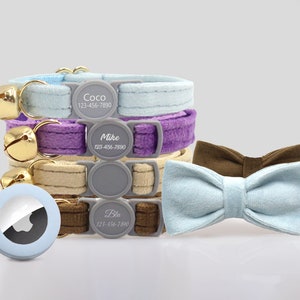 Personalized Breakaway Cat Puppy Velvet Collar with Bell, Bow Tie, Air Tag Holder, Customizable with Name, Light Blue, Purple, Beige, Brown