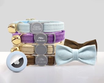 Personalized Breakaway Cat Puppy Velvet Collar with Bell, Bow Tie, Air Tag Holder, Customizable with Name, Light Blue, Purple, Beige, Brown