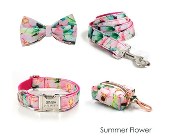 Pink Floral Dog Collar Personalized Engraved Handmade Girl Dog Collar or Dog Collar and Lead Set, Dog