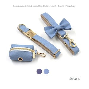 Personalized Engraved Handmade Dog Collar with Matching Bowtie, Leash, and Poop Bag in Light and Dark Blue Jean Design, For All Seasons
