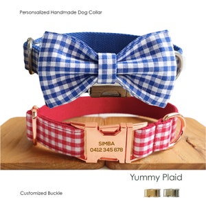 Personalized Engraved Handmade YUMMY PLAID Cat Collar Dog Collar, Custom Dog Collar and Leash, Bow Tie