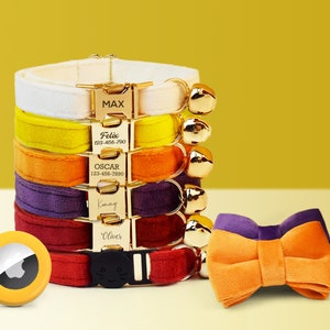Air Tag Holder Custom Small Dog Cat Cute Thin Collar, Bow, and Free Bell - White, Yellow, Red, Purple Velvet, Breakaway Buckle Available