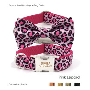 Personalized Engraved Handmade Pink Leopard Dog Collar or Dog Collar and Lead Set, Dog Bowtie Available