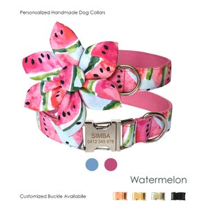 Personalized Engraved Handmade Watermelon Cute Dog Collar or Dog Collar and Leash Set, Matching Flower, Trendy Style For All Seasons