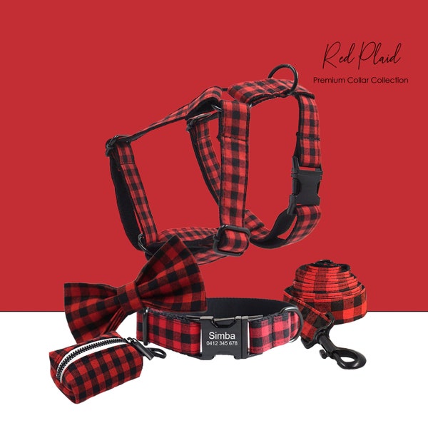 Personalized Engraved MacGregor Rob Roy Modern Tartan Dog Collar, Bowtie, Leash, Harness, Poop Bag Holder, Buffalo Plaid, Different Combo