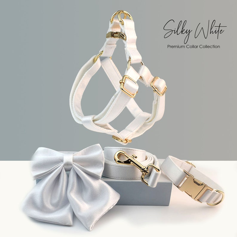 Silky White Wedding Dog Collar, Leash, Sailor Bowtie, Step-In Harness