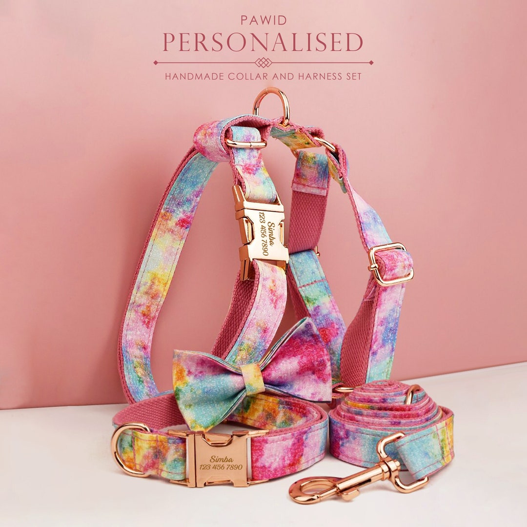Custom Rainbow Tie Dye Personalized Dog Collar, Matching Dog Bowtie