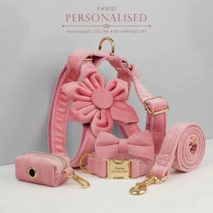 Custom Pink Velvet Personalized Dog Collar, Matching Dog Bowtie, Dog Flower, Dog Leash, H-Style Dog Harness & Dog Poop Bag, Different Combo