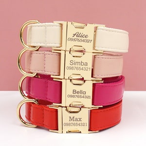 PU Leather Dog Collar, Collar/Lead/Poop Bag, Solid Dog Collar Leash Set Cream+Pink+Hot Pink+Red Engraved Metal Buckle, Wedding Puppy Gift